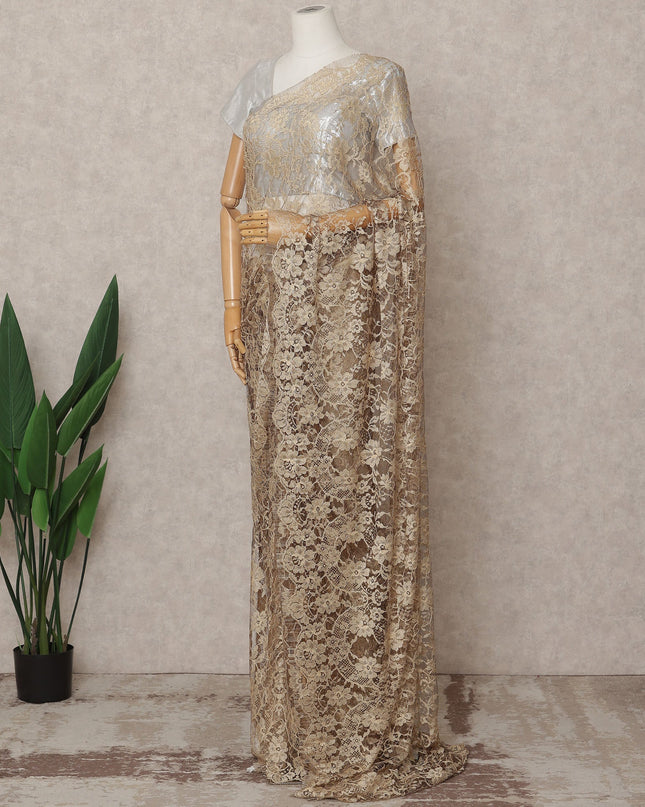Champagne Gold Premium 2-Tone French Chantilly Lace Saree Fabric 5.5 Mtrs with 110 Cms Width – Imported from France-D25651