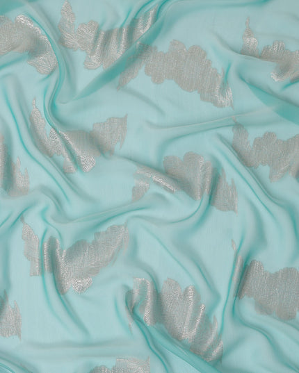Aqua Blue Abstract Metallic Lurex Design Premium French Silk Chiffon Fabric, 110 Cms Width, Made in France-D25741