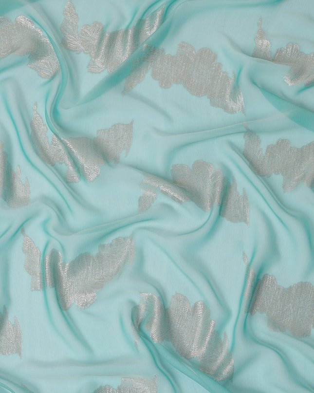 Aqua Blue Abstract Metallic Lurex Design Premium French Silk Chiffon Fabric, 110 Cms Width, Made in France-D25741