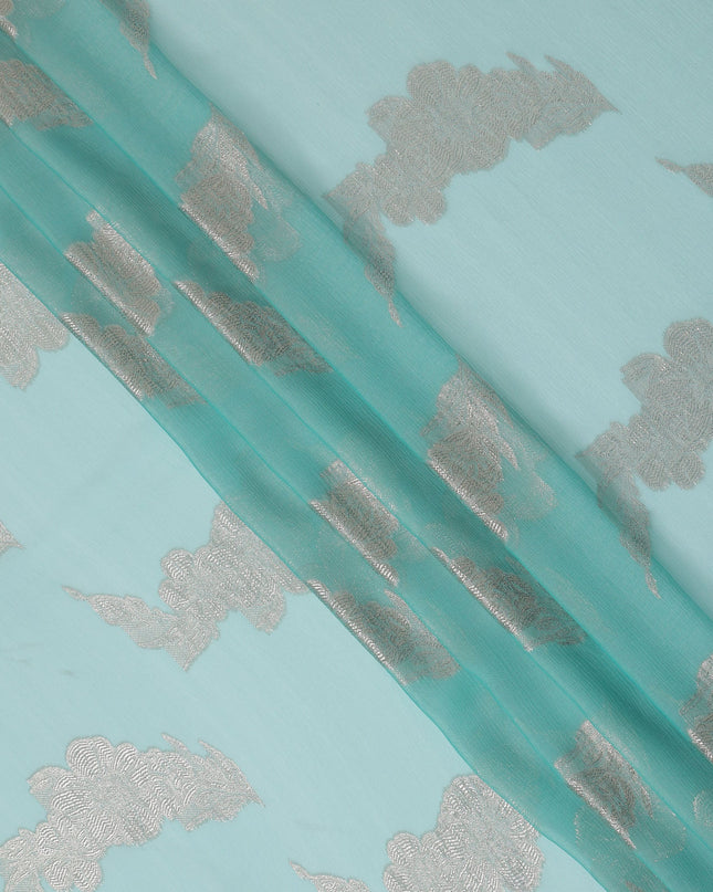 Aqua Blue Abstract Metallic Lurex Design Premium French Silk Chiffon Fabric, 110 Cms Width, Made in France-D25741
