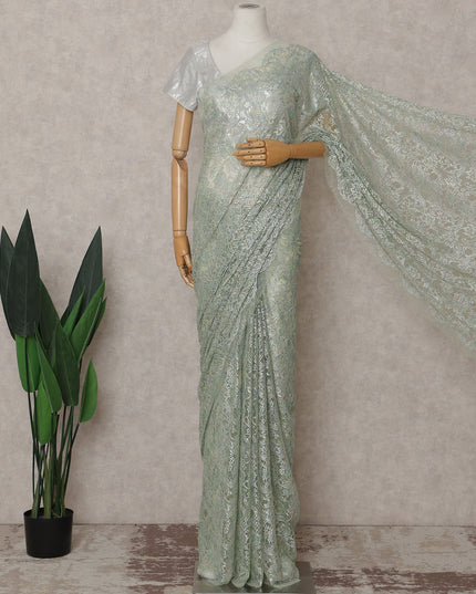 French Chantilly Lace Saree Piece - Sage Green