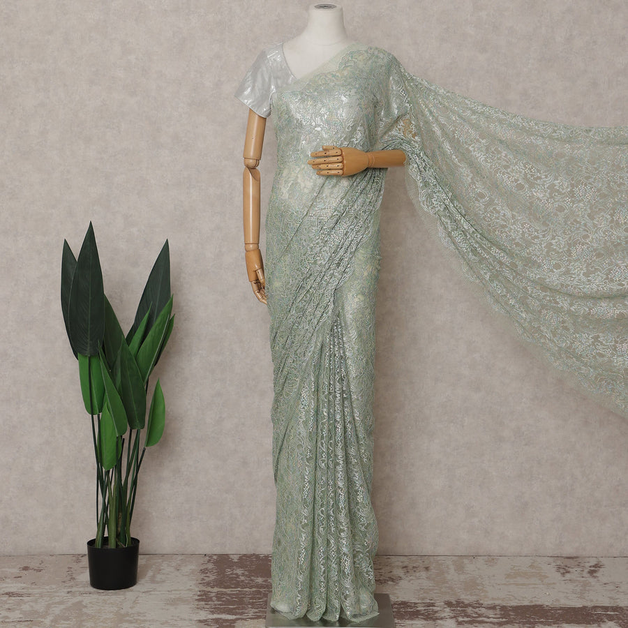 French Chantilly Lace Saree Piece - Sage Green