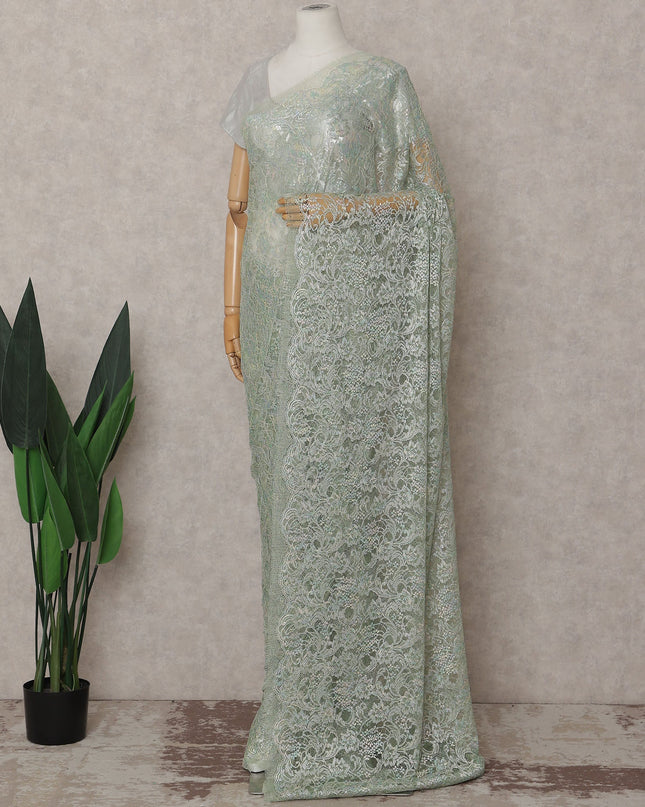 French Chantilly Lace Saree Piece - Sage Green
