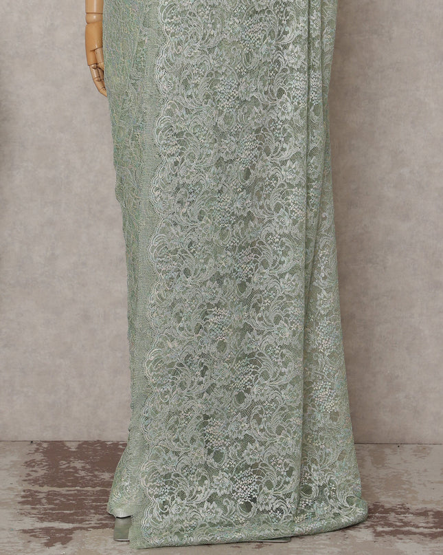 French Chantilly Lace Saree Piece - Sage Green