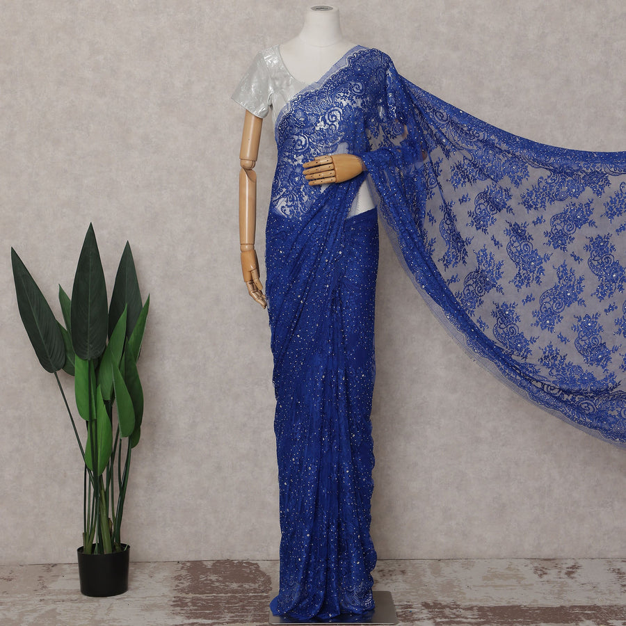 Royal Sapphire Blue French Chantilly Lace Saree Piece