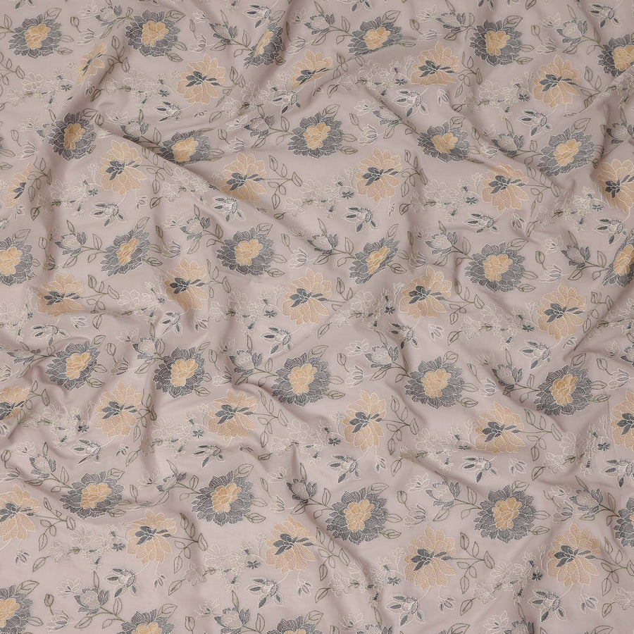 Beige Floral Embroidered Cotton Voile Fabric Soft Lightweight Breathable Multicolor Flower Embroidery Dressmaking Sewing Apparel Fabric 110 Cms Width Made In India-D28400