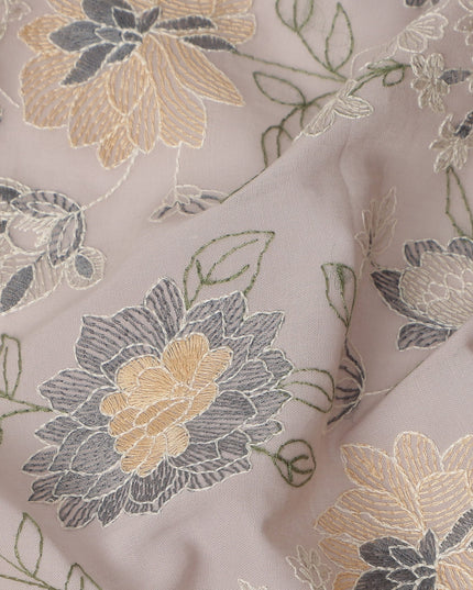 Beige Floral Embroidered Cotton Voile Fabric Soft Lightweight Breathable Multicolor Flower Embroidery Dressmaking Sewing Apparel Fabric 110 Cms Width Made In India-D28400