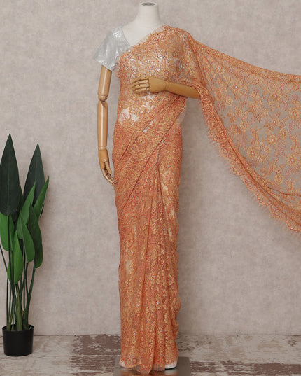 Sunset Orange French Chantilly Lace Saree