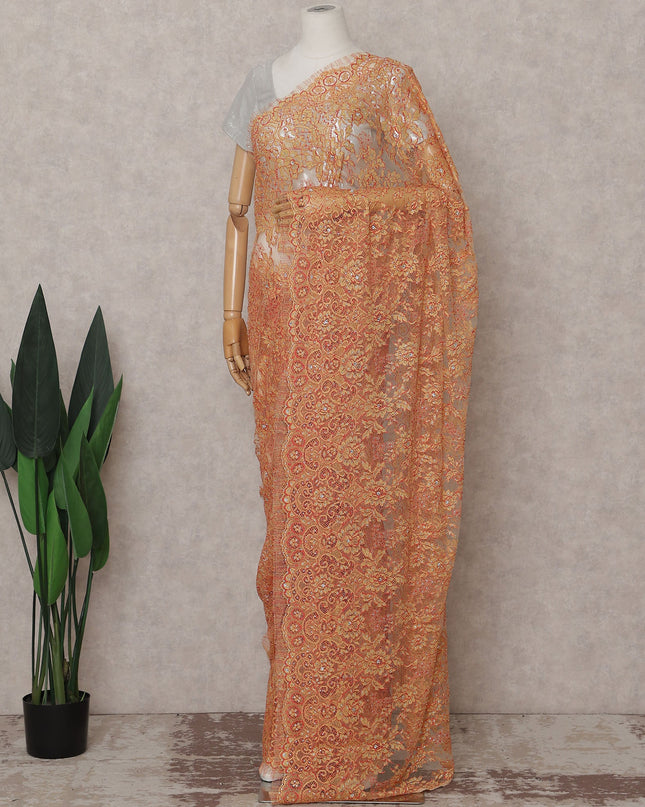 Sunset Orange French Chantilly Lace Saree