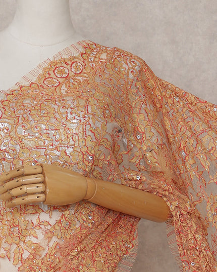 Sunset Orange French Chantilly Lace Saree