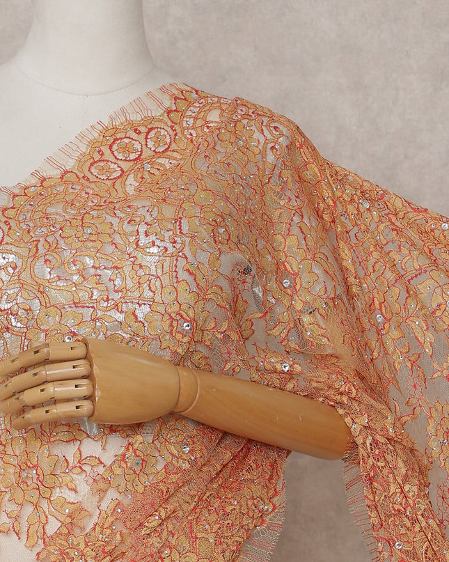 Sunset Orange French Chantilly Lace Saree