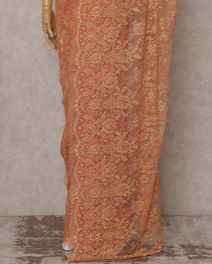 Sunset Orange French Chantilly Lace Saree