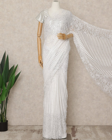 Classic White Premium French Chantilly Saree Lace with Stone Work 5.5 Mtrs Length, Width 110 Cms and Made in France-D27177