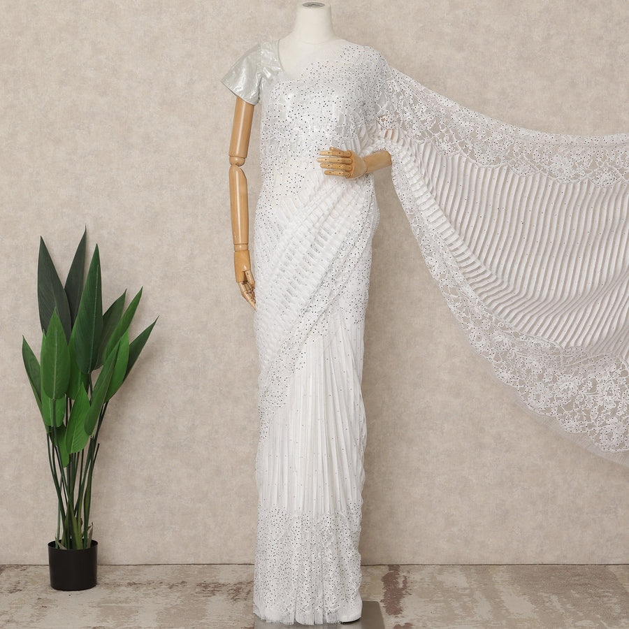 Classic White Premium French Chantilly Saree Lace with Stone Work 5.5 Mtrs Length, Width 110 Cms and Made in France-D27177