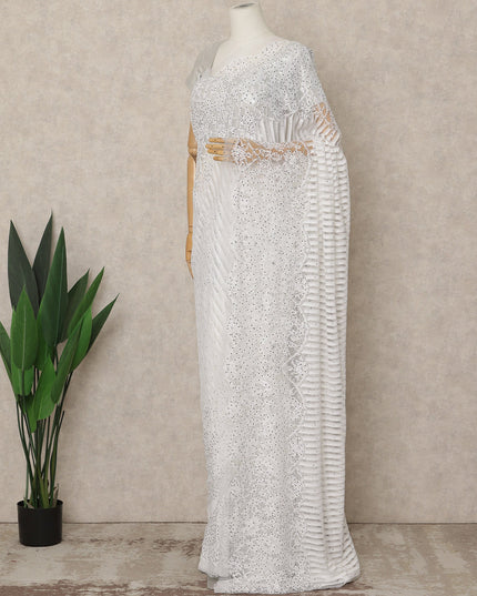 Classic White Premium French Chantilly Saree Lace with Stone Work 5.5 Mtrs Length, Width 110 Cms and Made in France-D27177