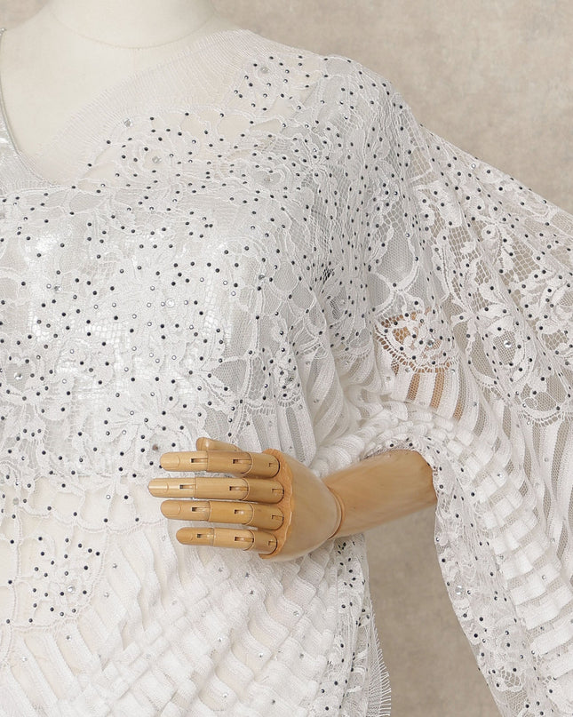 Classic White Premium French Chantilly Saree Lace with Stone Work 5.5 Mtrs Length, Width 110 Cms and Made in France-D27177