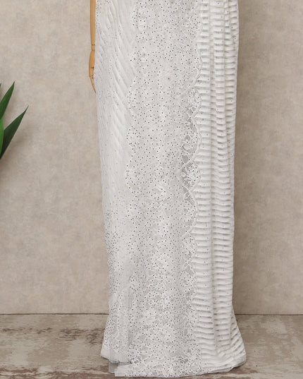 Classic White Premium French Chantilly Saree Lace with Stone Work 5.5 Mtrs Length, Width 110 Cms and Made in France-D27177
