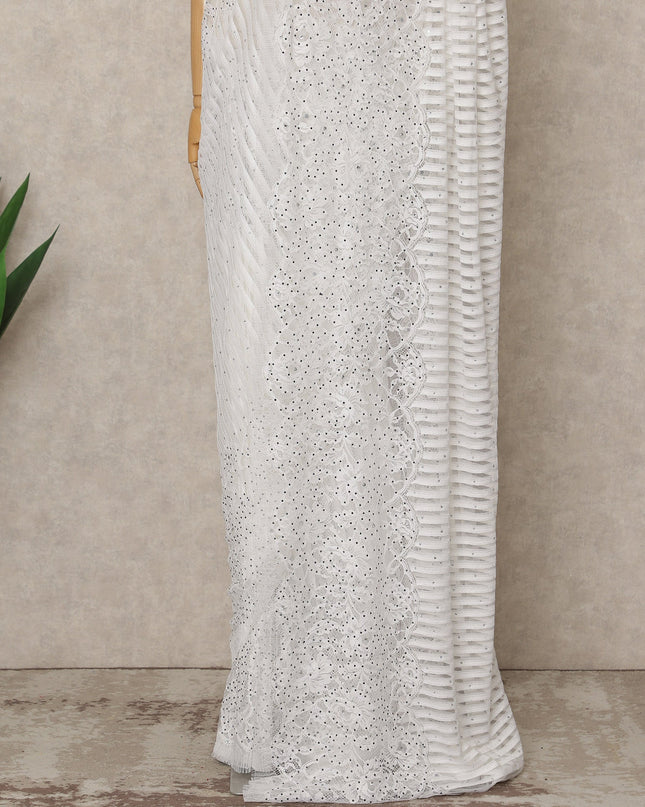 Classic White Premium French Chantilly Saree Lace with Stone Work 5.5 Mtrs Length, Width 110 Cms and Made in France-D27177