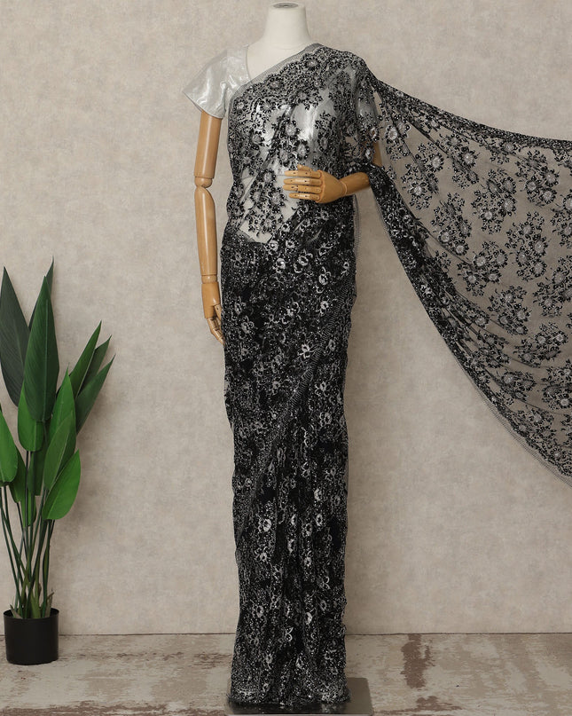 Black Silver Premium French Chantilly Saree Lace with Stone Work 5.5 Mtrs Length, Width 110 Cms and Made in France-D27181