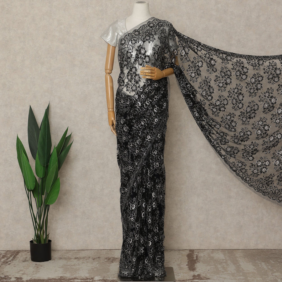 Black Silver Premium French Chantilly Saree Lace with Stone Work 5.5 Mtrs Length, Width 110 Cms and Made in France-D27181