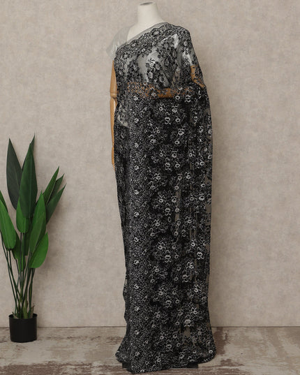 Black Silver Premium French Chantilly Saree Lace with Stone Work 5.5 Mtrs Length, Width 110 Cms and Made in France-D27181