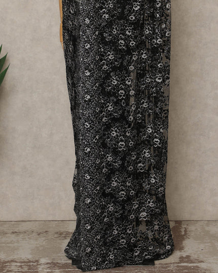 Black Silver Premium French Chantilly Saree Lace with Stone Work 5.5 Mtrs Length, Width 110 Cms and Made in France-D27181