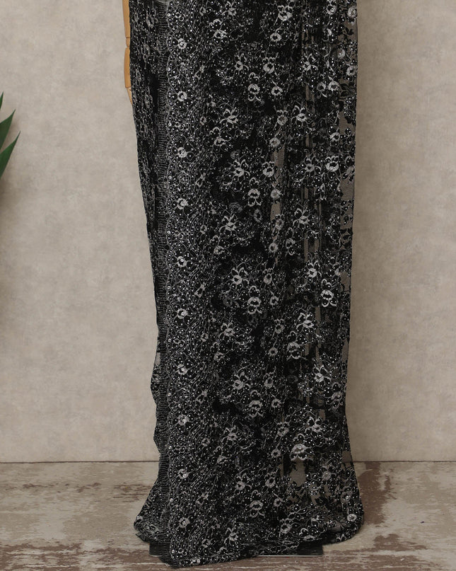 Black Silver Premium French Chantilly Saree Lace with Stone Work 5.5 Mtrs Length, Width 110 Cms and Made in France-D27181