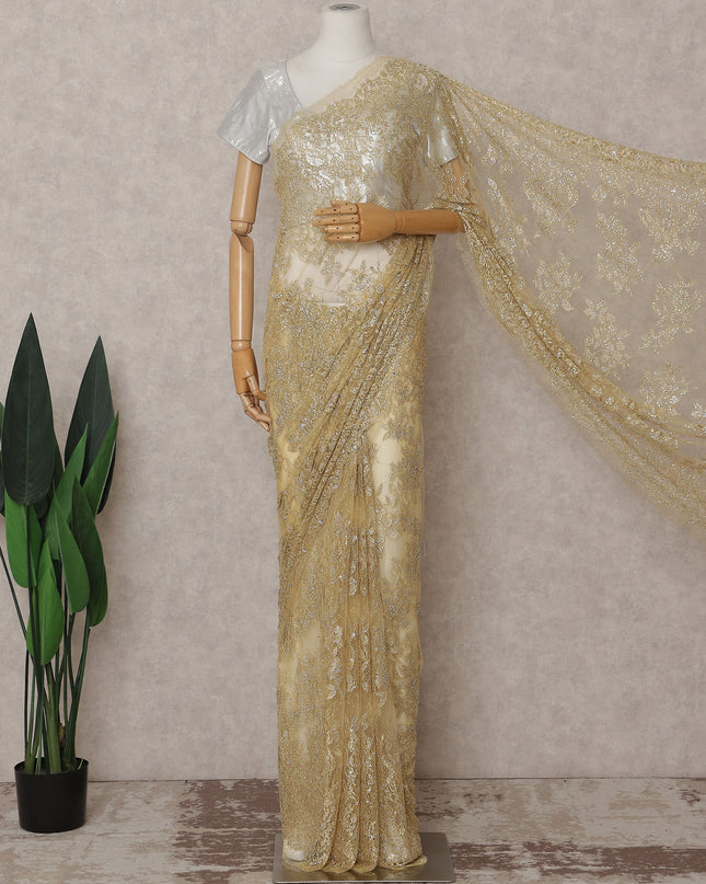 French Chantilly Lace Saree Piece - Antique Gold