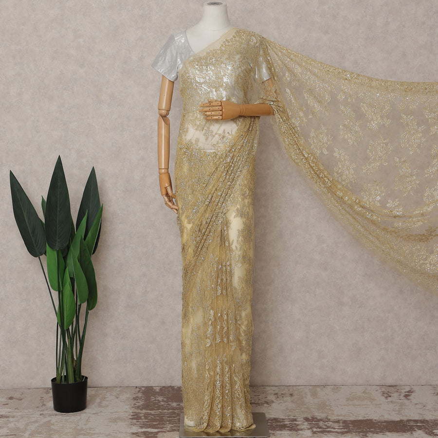 French Chantilly Lace Saree Piece - Antique Gold