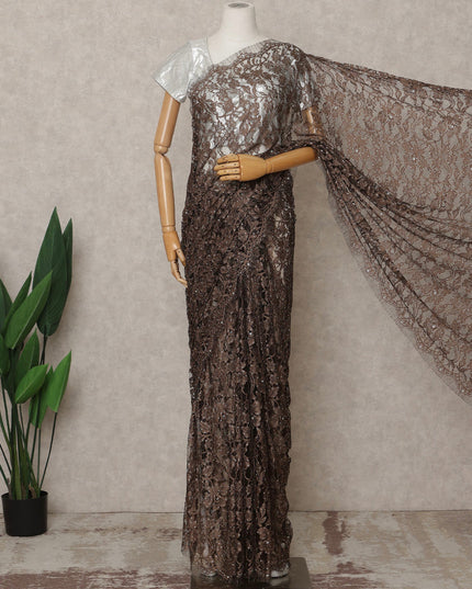 Coffee Brown Premium French 2Tone Chantilly Lace Saree with Stone Work, Width 110 Cms, 5.5 Mtrs, France-D25584