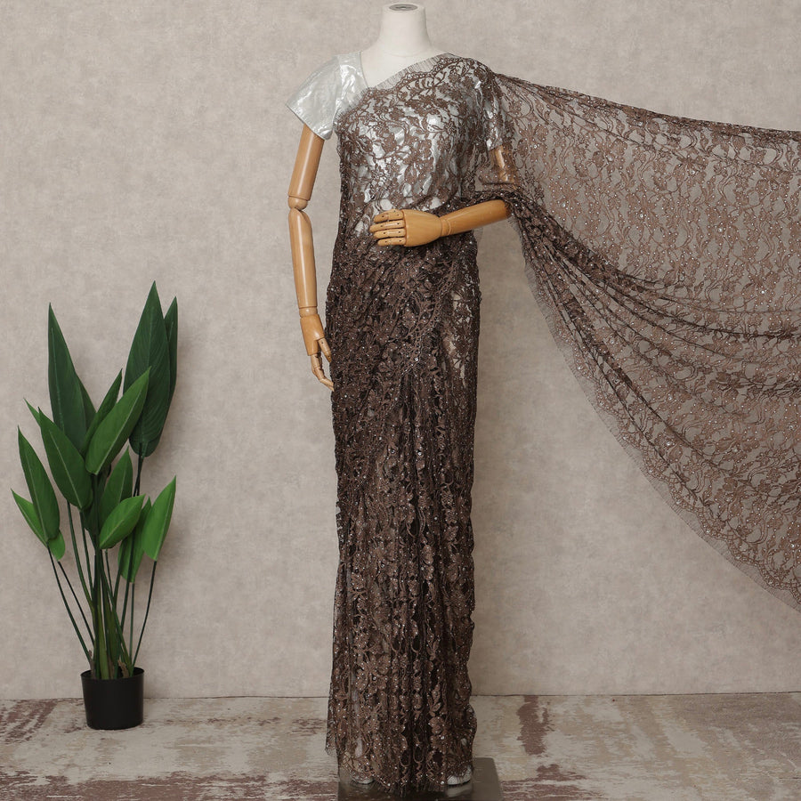 Coffee Brown Premium French 2Tone Chantilly Lace Saree with Stone Work, Width 110 Cms, 5.5 Mtrs, France-D25584