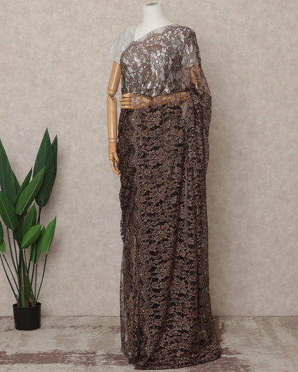 Coffee Brown Premium French 2Tone Chantilly Lace Saree with Stone Work, Width 110 Cms, 5.5 Mtrs, France-D25584