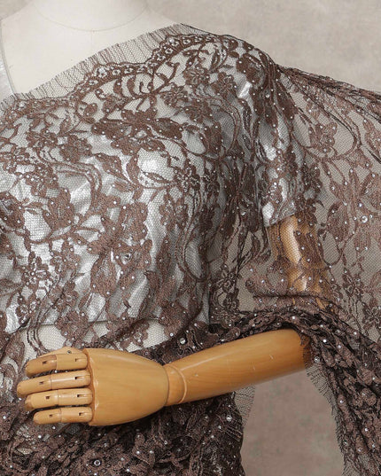 Coffee Brown Premium French 2Tone Chantilly Lace Saree with Stone Work, Width 110 Cms, 5.5 Mtrs, France-D25584