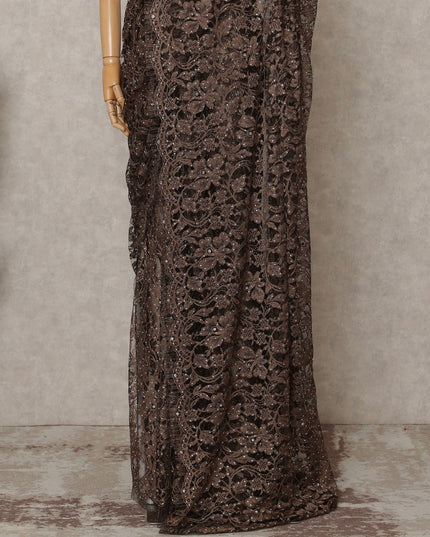 Coffee Brown Premium French 2Tone Chantilly Lace Saree with Stone Work, Width 110 Cms, 5.5 Mtrs, France-D25584