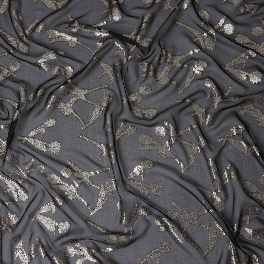 Slate Grey Floral Silk Chiffon 110cm