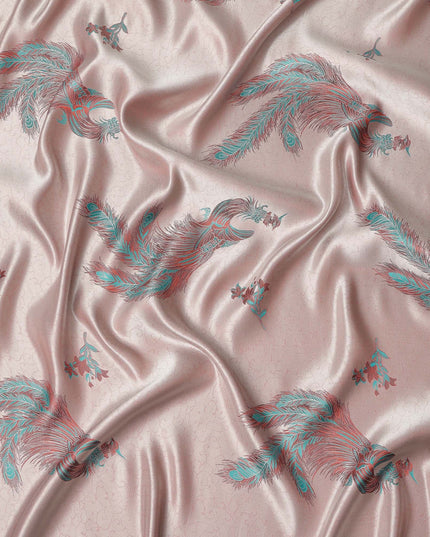 Blush Pink Peacock Motif Printed Premium Pure Silk Satin Fabric, 110 Cms, China-D27073