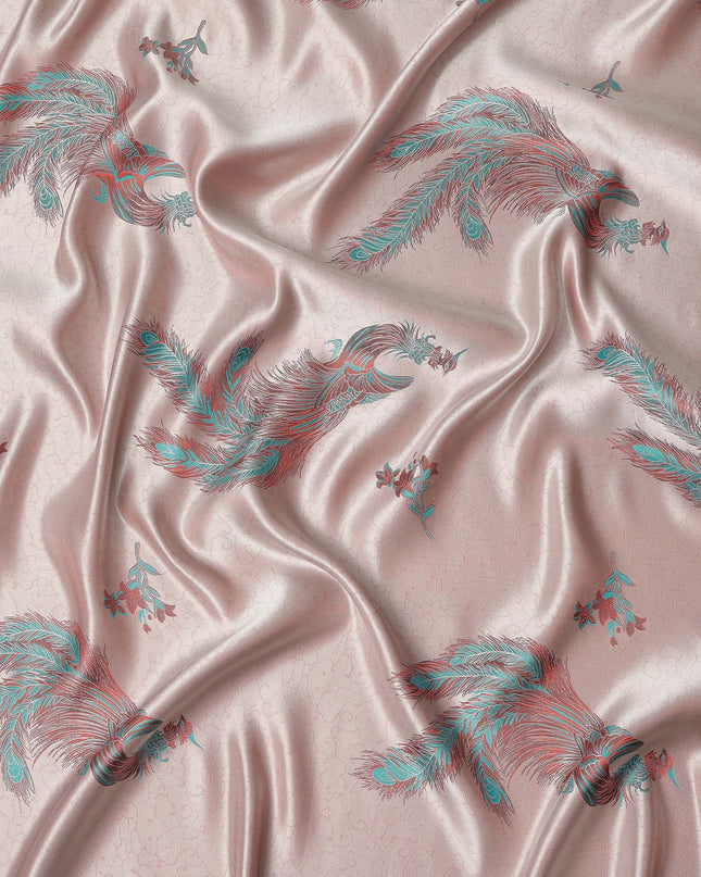 Blush Pink Peacock Motif Printed Premium Pure Silk Satin Fabric, 110 Cms, China-D27073