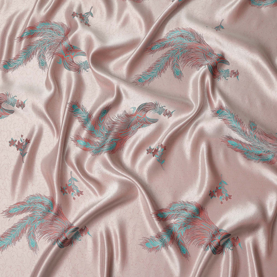 Blush Pink Peacock Motif Printed Premium Pure Silk Satin Fabric, 110 Cms, China-D27073
