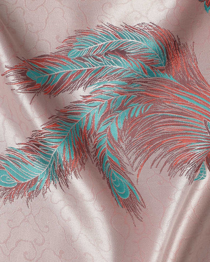 Blush Pink Peacock Motif Printed Premium Pure Silk Satin Fabric, 110 Cms, China-D27073