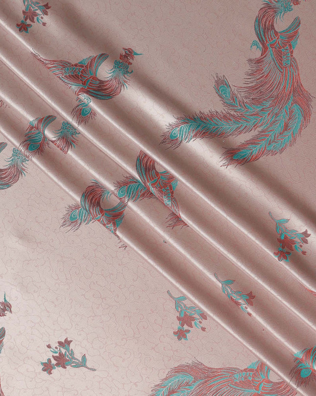 Blush Pink Peacock Motif Printed Premium Pure Silk Satin Fabric, 110 Cms, China-D27073
