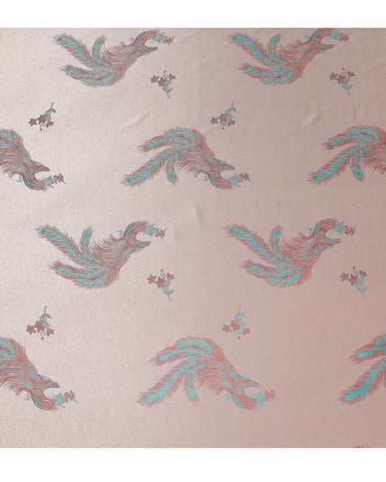Blush Pink Peacock Motif Printed Premium Pure Silk Satin Fabric, 110 Cms, China-D27073