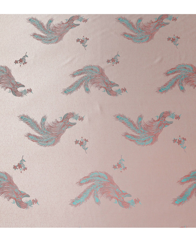 Blush Pink Peacock Motif Printed Premium Pure Silk Satin Fabric, 110 Cms, China-D27073