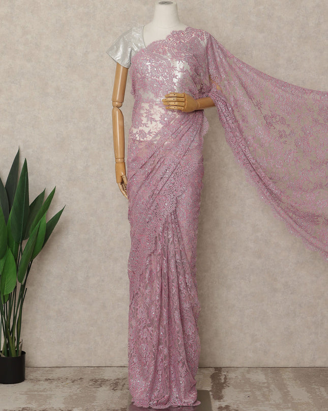 Pink Premium French Chantilly Saree Lace with Stone Work 5.5 Mtrs Length, Width 110 Cms and Made in France-D27183