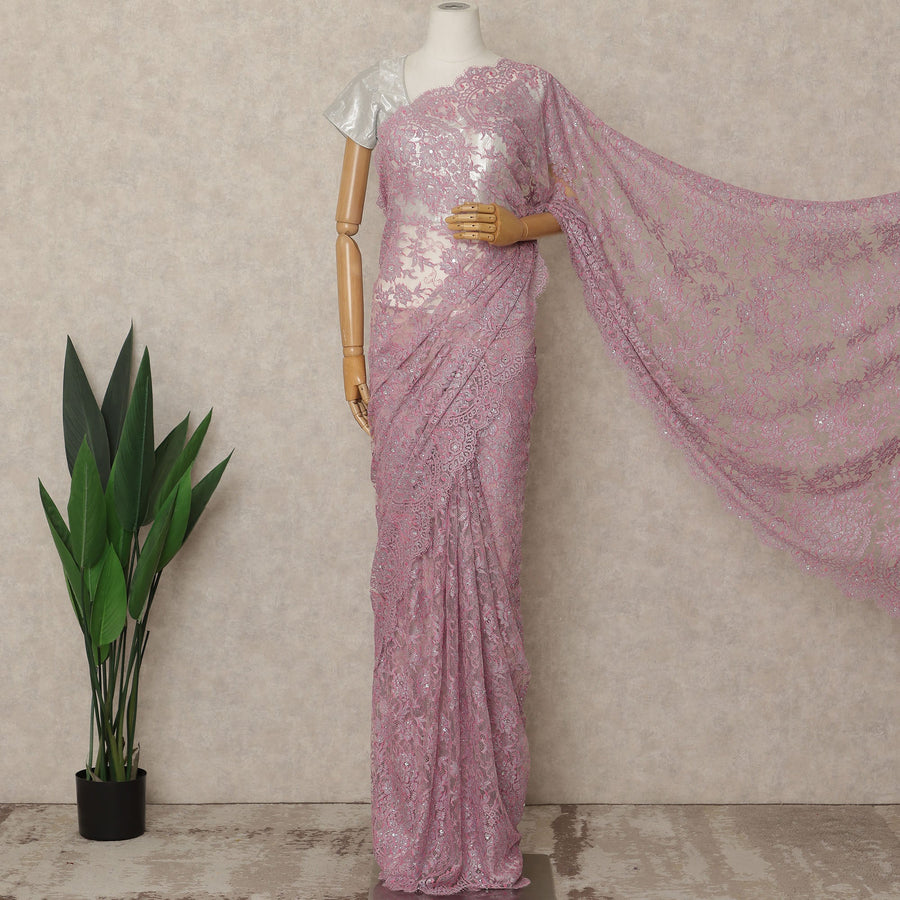 Pink Premium French Chantilly Saree Lace with Stone Work 5.5 Mtrs Length, Width 110 Cms and Made in France-D27183