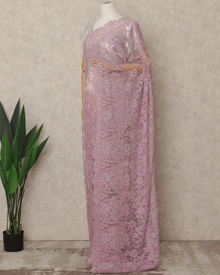 Pink Premium French Chantilly Saree Lace with Stone Work 5.5 Mtrs Length, Width 110 Cms and Made in France-D27183