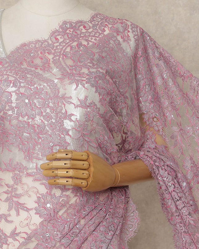 Pink Premium French Chantilly Saree Lace with Stone Work 5.5 Mtrs Length, Width 110 Cms and Made in France-D27183