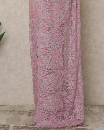 Pink Premium French Chantilly Saree Lace with Stone Work 5.5 Mtrs Length, Width 110 Cms and Made in France-D27183