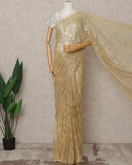 Light Gold Premium French Chantilly Saree Lace with Stone Work 5.5 Mtrs Length, Width 110 Cms and Made in France-D27175