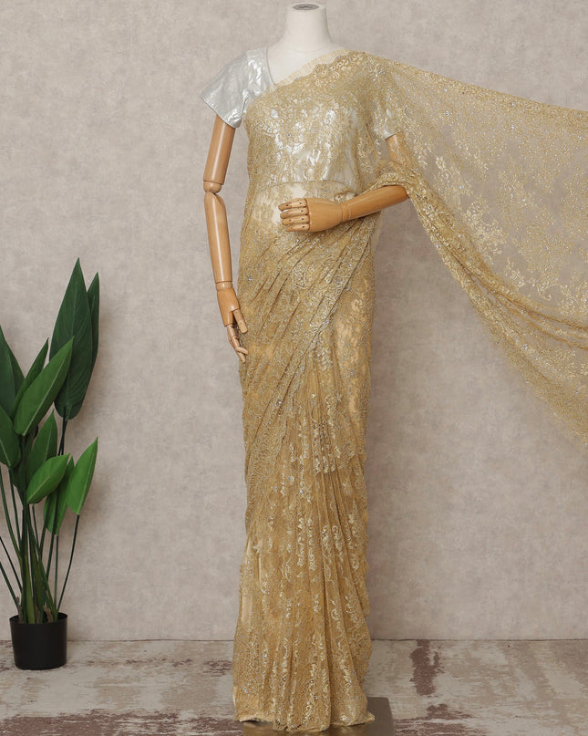 Light Gold Premium French Chantilly Saree Lace with Stone Work 5.5 Mtrs Length, Width 110 Cms and Made in France-D27175