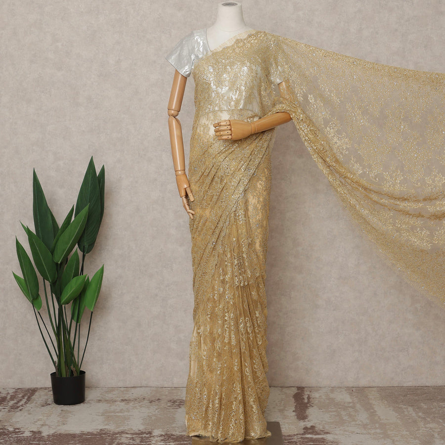 Light Gold Premium French Chantilly Saree Lace with Stone Work 5.5 Mtrs Length, Width 110 Cms and Made in France-D27175
